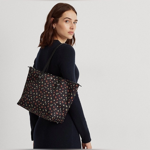 Lauren Ralph Lauren Black Floral Nylon Medium Keaton Tote EUC - Picture 2 of 12